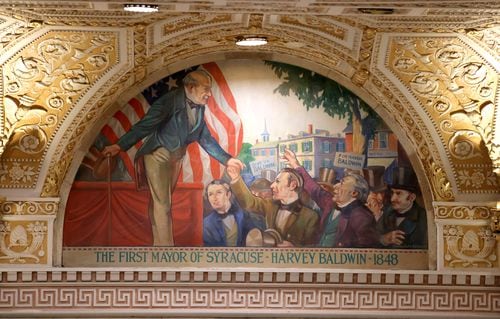 Palladian Hall features 10 historic scenes painted by William Tefft Schwarz, showing key moments in Onondaga County history. This arch shows the first Syracuse Mayor Harvey Baldwin.

Palladian Hall is part of The Treasury, a renovated rebrand in the space formerly known as the Onondaga County Savings Bank at 101 S. Salina St., Syracuse. (Katrina Tulloch)