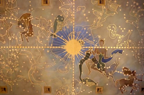 The ceiling of Palladian Hall features a spectacular Renaissance-style constellation map over the main lobby, created in 1931 by William Tefft Schwarz. 
Palladian Hall is part of The Treasury, formerly known as the Onondaga County Savings Bank at 101 S. Salina St., Syracuse. (Katrina Tulloch)