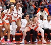 The Syracuse bench after a Syracuse Orange guard Dyaisha Fair (2) basket to tie the score. The Syracuse Orange Women’s basketball team takes on the Clemson Tigers, Jan. 14, 2024 at the JMA Wireless Dome in Syracuse N.Y.  ( Dennis Nett | dnett@syracuse,com )