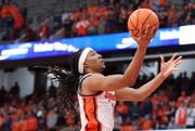 Syracuse Orange forward Maliq Brown (1) scores the first basket for Syracuse. The Syracuse men’s basketball team host the Miami Hurricanes at the JMA Wireless Dome Jan 20, 2024.   (Dennis Nett | dnett@syracuse.com)