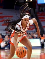 Syracuse Orange guard Alaina Rice (25) drives lane. The Syracuse Orange Women take on the Florida State Seminoles in a game played at the JMA Wireless Dome Jan. 18, 2024.   (Dennis Nett | dnett@syracuse.com)