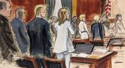 In this courtroom sketch, prospective jurors file into the courtroom as Donald Trump, third left, stands surrounded by his defense team. Alina Habba, fourth left, Trump's lead defense attorney, stands beside him. E. Jean Carroll, background second from right, stands with her attorney Roberta Kaplan, Tuesday, Jan. 16, 2024,  in New York. (AP Photo/Elizabeth Williams)