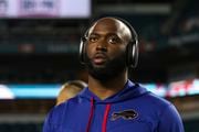 MIAMI GARDENS, FL - JANUARY 07: Leonard Fournette #5 of the Buffalo Bills warms up prior to an NFL football game against the Miami Dolphins at Hard Rock Stadium on January 7, 2024 in Miami Gardens, Florida. (Photo by Perry Knotts/Getty Images)