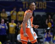 Syracuse Orange guard JJ Starling (2) celebrates a three pointer from the corner against Pittsburgh at the Petersen Events Center, Pittsburgh, PA, Tuesday January 16, 2024
(Scott Schild | sschild@syracuse.com)   

