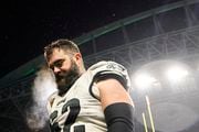 Philadelphia Eagles center Jason Kelce walks back to the locker room after a 20-17 loss to the Seattle Seahawks in an NFL football game, Monday, Dec. 18, 2023, in Seattle. (AP Photo/Lindsey Wasson)
