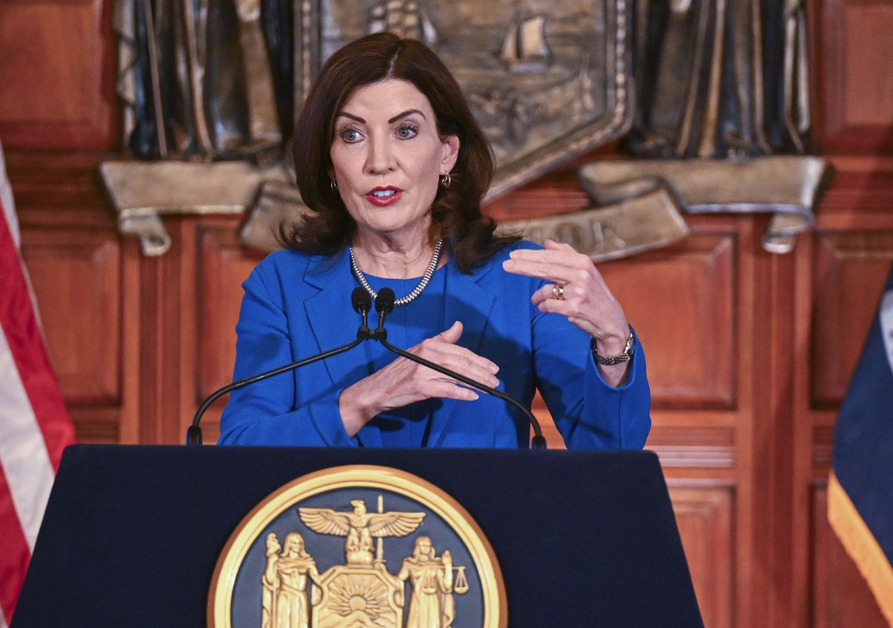 Gov. Kathy Hochul speaks with reporters