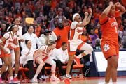 The Syracuse bench and Syracuse Orange guard Dyaisha Fair (2)  celebrate as the Orange go ahead in the score. The Syracuse Orange Women’s basketball team takes on the Clemson Tigers, Jan. 14, 2024 at the JMA Wireless Dome in Syracuse N.Y.  ( Dennis Nett | dnett@syracuse,com )