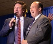 Onondaga County GOP leader Tom Dadey, left, joins Erie County Republican Chair Nick Langworthy at a fundraiser April 10, 2019 in Buffalo, N.Y.