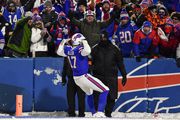 Buffalo Bills quarterback Josh Allen (17) reacts to the crowd after scoring a touchdown against the Pittsburgh Steelers during the second quarter of an NFL wild-card playoff football game, Monday, Jan. 15, 2024, in Buffalo, N.Y. (AP Photo/Adrian Kraus)