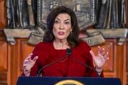 New York Gov. Kathy Hochul speaks at the state Capitol, Feb. 1, 2023, in Albany, N.Y. Pregnant people in New York would have 40 hours of paid leave to attend prenatal medical appointments under a proposal announced by Hochul on Thursday, Jan. 4, 2024, part of her agenda for the state's Legislative session.