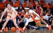 Syracuse Orange guard Dyaisha Fair (2) chases down a loose ball. The Syracuse Orange Women take on the Florida State Seminoles in a game played at the JMA Wireless Dome Jan. 18, 2024.   (Dennis Nett | dnett@syracuse.com)