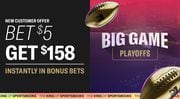 The BetMGM bonus code available for the NFL Playoffs unlocks a bet $5, get $158 in bonus bets sports betting deal.