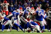 Buffalo Bills place kicker Tyler Bass (2) attempts a field goal against the Kansas City Chiefs during the fourth quarter of an NFL AFC division playoff football game, Sunday, Jan. 21, 2024, in Orchard Park, N.Y. (AP Photo/Frank Franklin II)