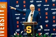 Jim Boeheim speaks during a press conference formally introducing Adrian Autry as the new men's basketball coach Friday, March 10, 2023. N. Scott Trimble | strimble@syracuse.com