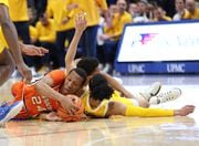 Syracuse guard Quadir Copeland (24) dives on a loose ball in the Orange's win over Pittsburgh on Tuesday at the Petersen Events Center in Pittsburgh, Pa. (Scott Schild | sschild@syracuse.com)