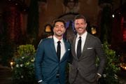 "The Bachelor," Joey Graziadei, left, with host Jesse Palmer on the season 28 premiere on Monday, Jan. 22, 2024, on ABC. Graziadei, 28, is from Collegeville, Pa., and graduated from West Chester University.