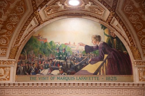 Palladian Hall features 10 historic scenes painted by William Tefft Schwarz, showing key moments in Onondaga County history. This arch shows the visit of Marquis LaFayette.

Palladian Hall is part of The Treasury, a renovated rebrand in the space formerly known as the Onondaga County Savings Bank at 101 S. Salina St., Syracuse. (Katrina Tulloch)