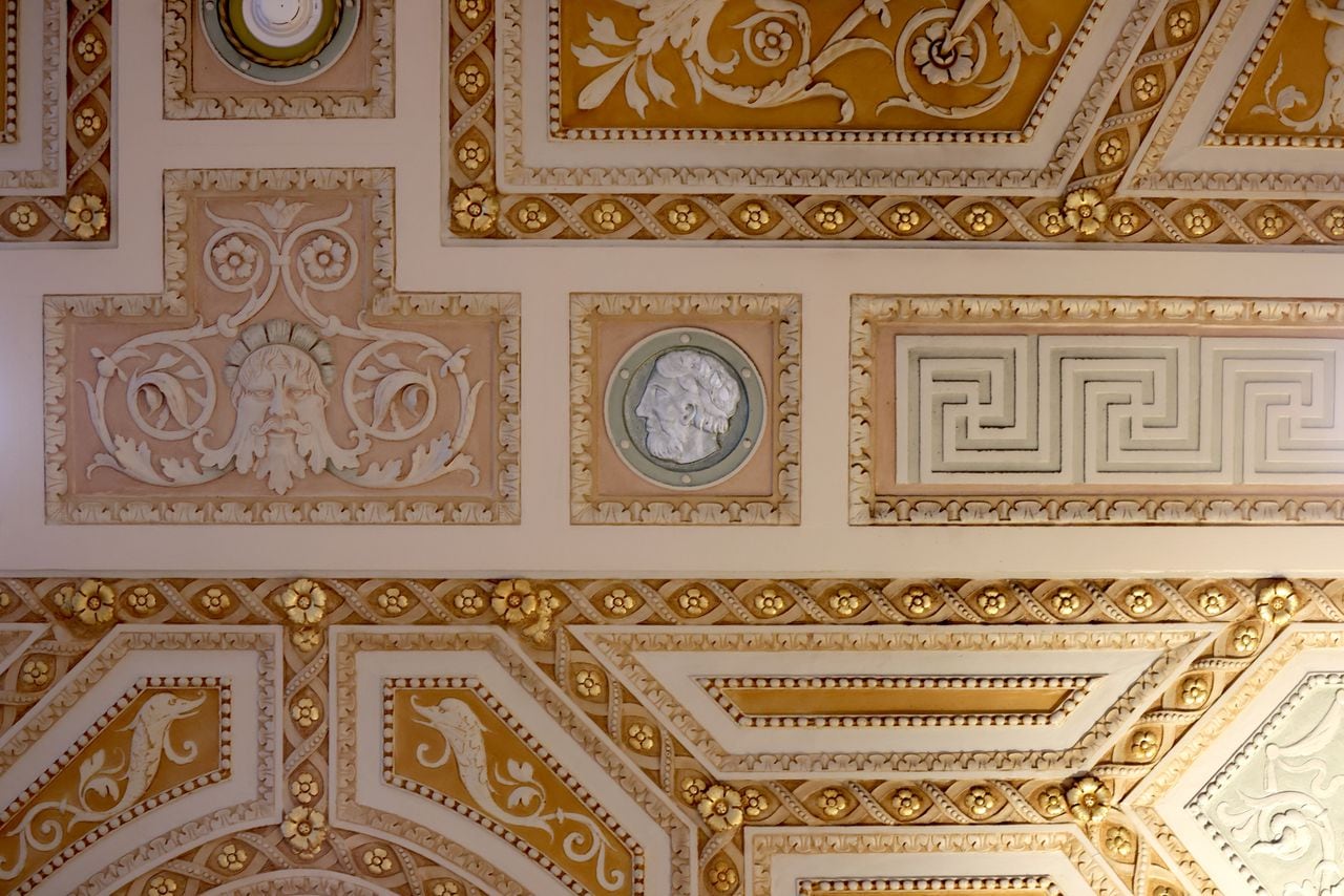 The ceiling of Palladian Hall features many ornate sculptural details. 
Palladian Hall is part of The Treasury, formerly known as the Onondaga County Savings Bank at 101 S. Salina St., Syracuse. (Katrina Tulloch)