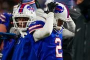 Buffalo Bills place kicker Tyler Bass (2) reacts after missing a field goal against the Kansas City Chiefs during the fourth quarter of an NFL AFC division playoff football game, Sunday, Jan. 21, 2024, in Orchard Park, N.Y. (AP Photo/Frank Franklin II)