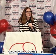 Onondaga County Republican Chair Benedicte Doran speaks at a rally for GOP candidates, October 26, 2022, in Liverpool, N.Y.