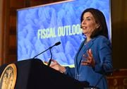New York Gov. Kathy Hochul presents her 2025 executive state budget in the Red Room at the state Capitol on Tuesday, Jan. 16, 2024, in Albany, New York. (Hans Pennink | AP Photo)