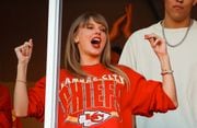 Taylor Swift reacts during a game between the Los Angeles Chargers and Kansas City Chiefs at GEHA Field at Arrowhead Stadium on October 22, 2023 in Kansas City, Missouri. (Photo by David Eulitt/Getty Images)